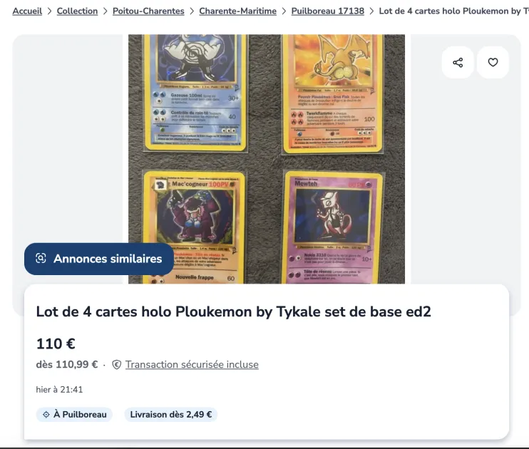 Image de l’annonce Lot de 4 cartes holo Ploukemon by Tykale set de base ed2